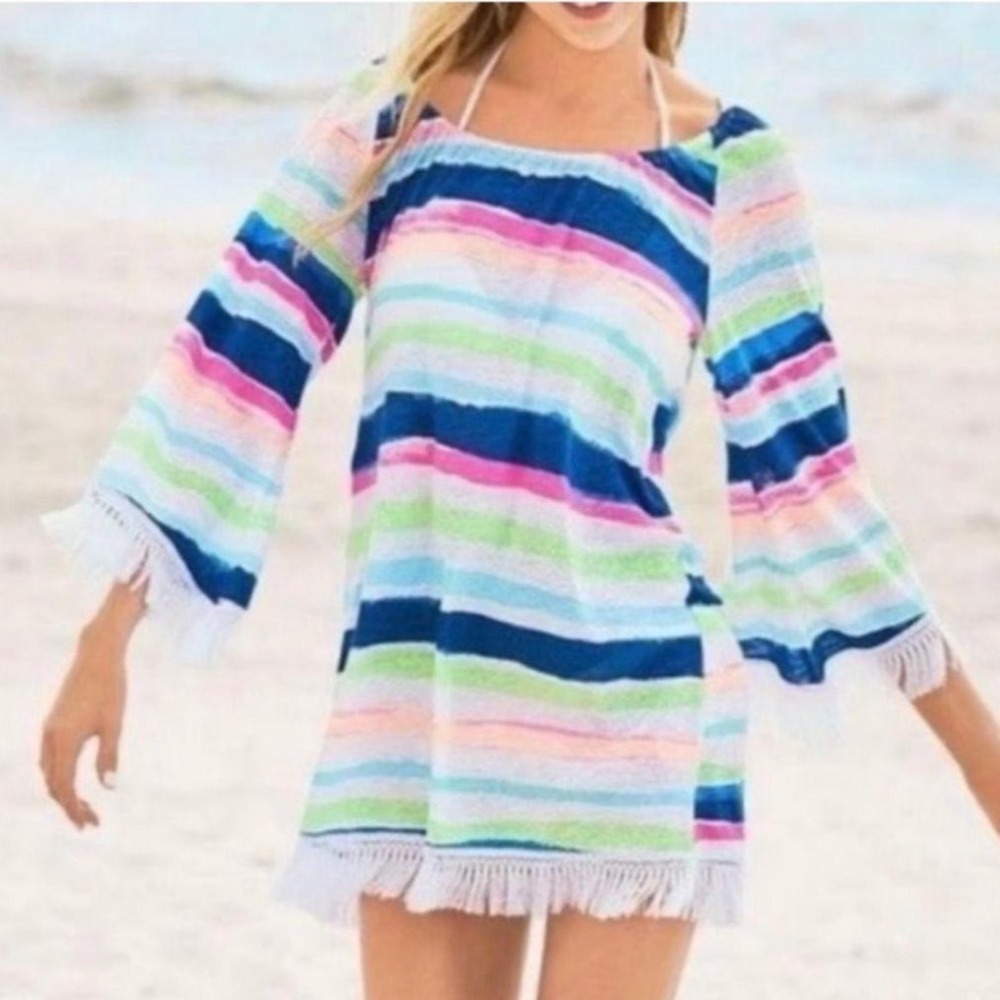 Lilly Pulitzer Linen Cover Up XS Multicolor Striped Fringe Trim Bell Sleeve